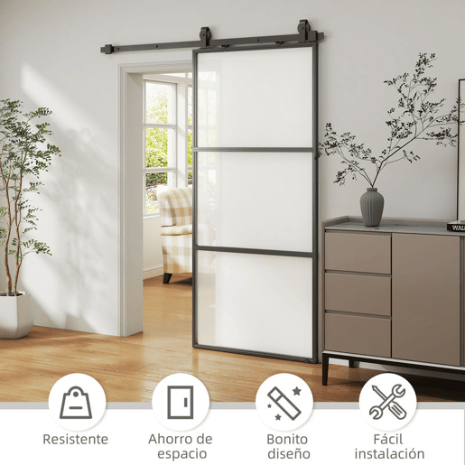 HOMCOM Porta de Correr com Acessórios Porta de Correr de Vidro com Mecanismo de Fecho Suave para Casa de Banho Sala de Estar Cozinha 91,4x203,2 cm Preto