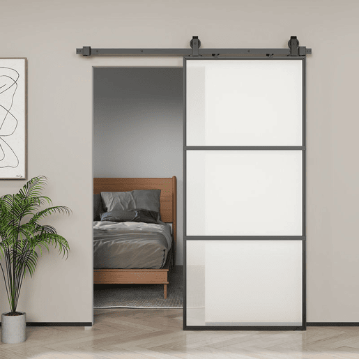 HOMCOM Porta de Correr com Acessórios Porta de Correr de Vidro com Mecanismo de Fecho Suave para Casa de Banho Sala de Estar Cozinha 91,4x203,2 cm Preto