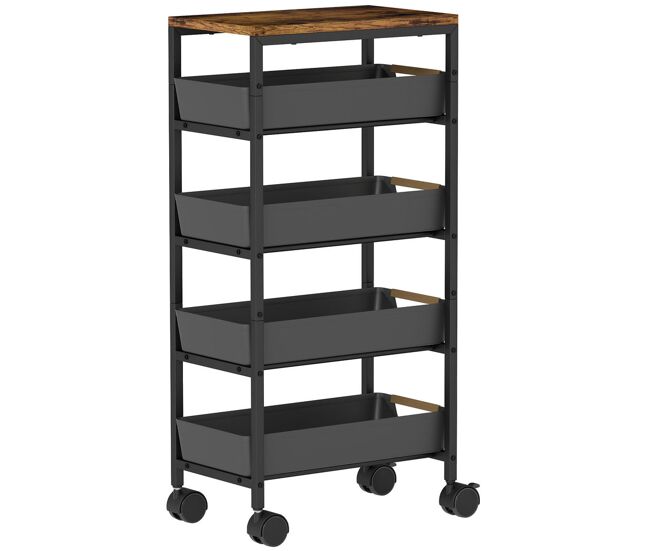 Homcom carro de cocina de almacenamiento de 5 niveles carrito auxiliar con ruedas tablero efecto madera y 4 cajones extraíbles carrito de cocina para