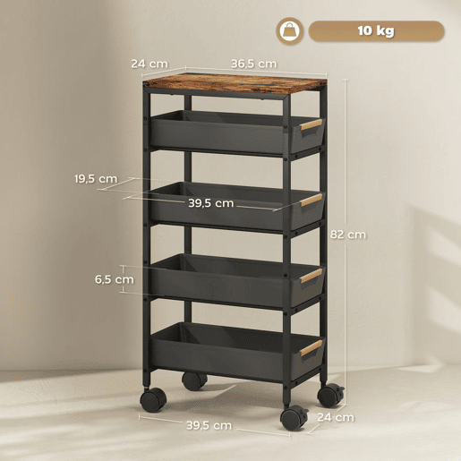 HOMCOM Carrinho de Cozinha de Armazenamento de 5 Níveis Carrinho Auxiliar com Rodas Bancada com Efeito Madeira e 4 Gavetas Removíveis Carrinho de Cozinha 39,5x24x82 cm Preto