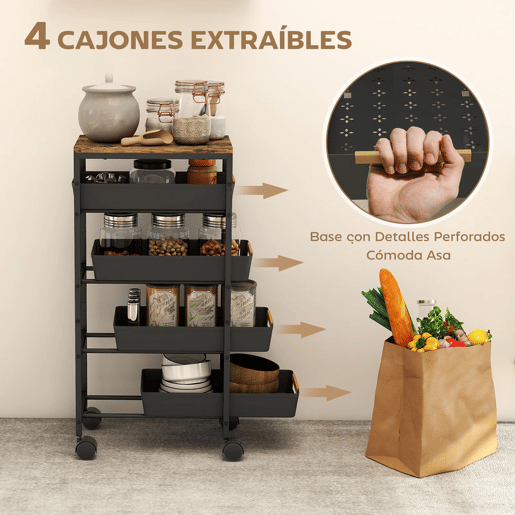 HOMCOM Carrinho de Cozinha de Armazenamento de 5 Níveis Carrinho Auxiliar com Rodas Bancada com Efeito Madeira e 4 Gavetas Removíveis Carrinho de Cozinha 39,5x24x82 cm Preto
