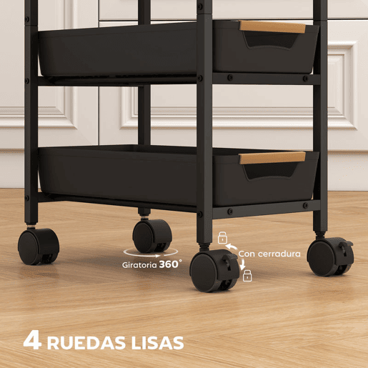 HOMCOM Carrinho de Cozinha de Armazenamento de 5 Níveis Carrinho Auxiliar com Rodas Bancada com Efeito Madeira e 4 Gavetas Removíveis Carrinho de Cozinha 39,5x24x82 cm Preto