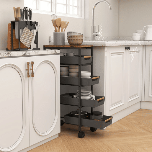 HOMCOM Carrinho de Cozinha de Armazenamento de 5 Níveis Carrinho Auxiliar com Rodas Bancada com Efeito Madeira e 4 Gavetas Removíveis Carrinho de Cozinha 39,5x24x82 cm Preto