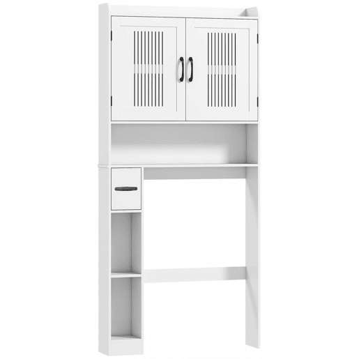 HOMCOM Armário sobre Sanita Móvel sobre Sanita com Prateleira Ajustável 2 Portas Suporte para Papel Higiênico e Prateleiras Abertas Armário para Máquina de Lavar 80x19,5x170 cm Branco
