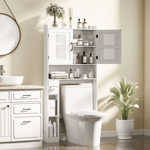 HOMCOM Armário sobre Sanita Móvel sobre Sanita com Prateleira Ajustável 2 Portas Suporte para Papel Higiênico e Prateleiras Abertas Armário para Máquina de Lavar 80x19,5x170 cm Branco