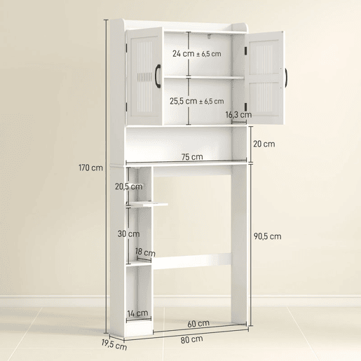 HOMCOM Armário sobre Sanita Móvel sobre Sanita com Prateleira Ajustável 2 Portas Suporte para Papel Higiênico e Prateleiras Abertas Armário para Máquina de Lavar 80x19,5x170 cm Branco
