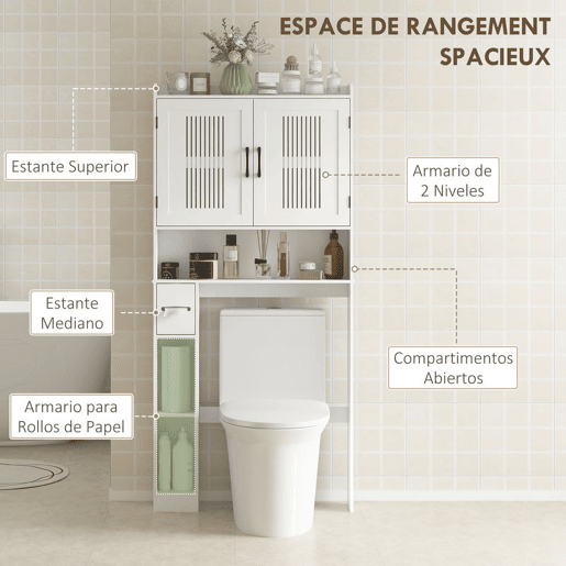 HOMCOM Armário sobre Sanita Móvel sobre Sanita com Prateleira Ajustável 2 Portas Suporte para Papel Higiênico e Prateleiras Abertas Armário para Máquina de Lavar 80x19,5x170 cm Branco
