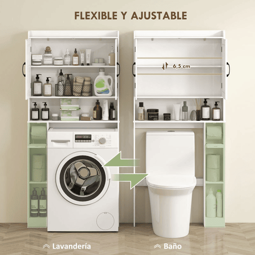 HOMCOM Armário sobre Sanita Móvel sobre Sanita com Prateleira Ajustável 2 Portas Suporte para Papel Higiênico e Prateleiras Abertas Armário para Máquina de Lavar 80x19,5x170 cm Branco