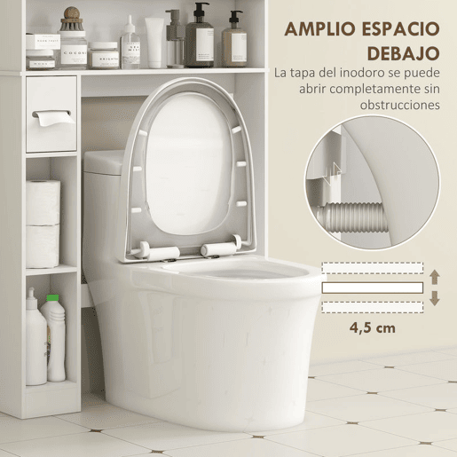 HOMCOM Armário sobre Sanita Móvel sobre Sanita com Prateleira Ajustável 2 Portas Suporte para Papel Higiênico e Prateleiras Abertas Armário para Máquina de Lavar 80x19,5x170 cm Branco