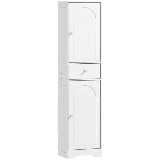 HOMCOM Coluna Casa de Banho com 2 Portas Arqueadas Gaveta e Prateleiras Ajustáveis Armário Alto Estreito de Casa de Banho Estilo Moderno para Sala de Estar Lavabo Cozinha 40x29,5x170 cm Branco com Veios