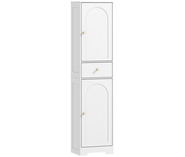 Homcom armario alto de baño estrecho con 2 puertas arqueadas cajón y estantes ajustables columna de baño estilo moderno para salón aseo cocina 40x29,5x170 cm blanco veteado