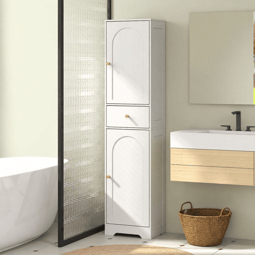 HOMCOM Coluna Casa de Banho com 2 Portas Arqueadas Gaveta e Prateleiras Ajustáveis Armário Alto Estreito de Casa de Banho Estilo Moderno para Sala de Estar Lavabo Cozinha 40x29,5x170 cm Branco com Veios