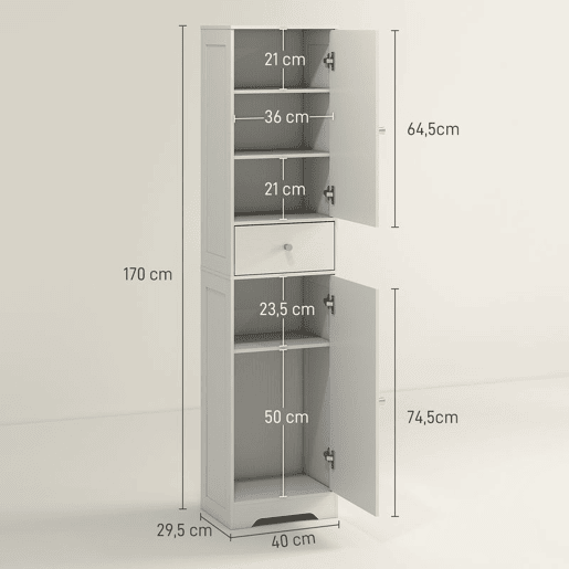 HOMCOM Coluna Casa de Banho com 2 Portas Arqueadas Gaveta e Prateleiras Ajustáveis Armário Alto Estreito de Casa de Banho Estilo Moderno para Sala de Estar Lavabo Cozinha 40x29,5x170 cm Branco com Veios
