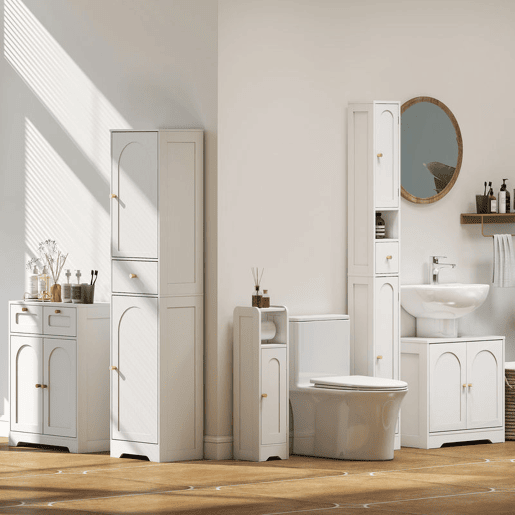 HOMCOM Coluna Casa de Banho com 2 Portas Arqueadas Gaveta e Prateleiras Ajustáveis Armário Alto Estreito de Casa de Banho Estilo Moderno para Sala de Estar Lavabo Cozinha 40x29,5x170 cm Branco com Veios