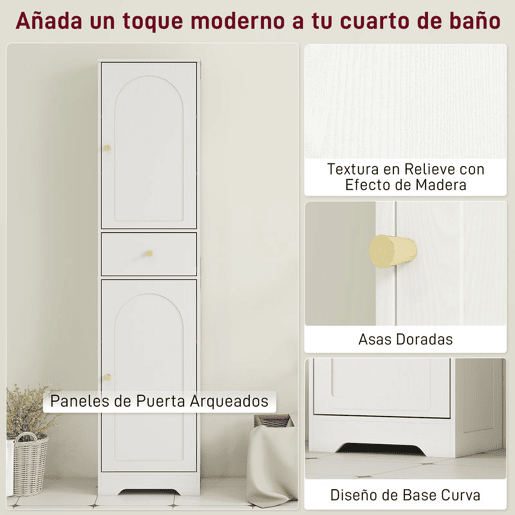 HOMCOM Coluna Casa de Banho com 2 Portas Arqueadas Gaveta e Prateleiras Ajustáveis Armário Alto Estreito de Casa de Banho Estilo Moderno para Sala de Estar Lavabo Cozinha 40x29,5x170 cm Branco com Veios
