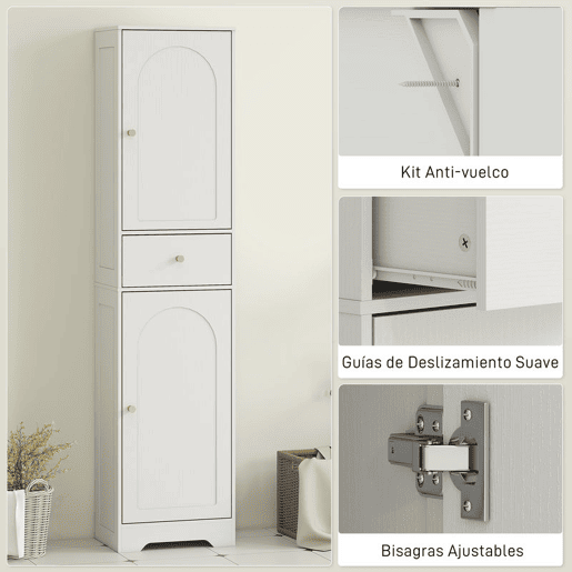 HOMCOM Coluna Casa de Banho com 2 Portas Arqueadas Gaveta e Prateleiras Ajustáveis Armário Alto Estreito de Casa de Banho Estilo Moderno para Sala de Estar Lavabo Cozinha 40x29,5x170 cm Branco com Veios