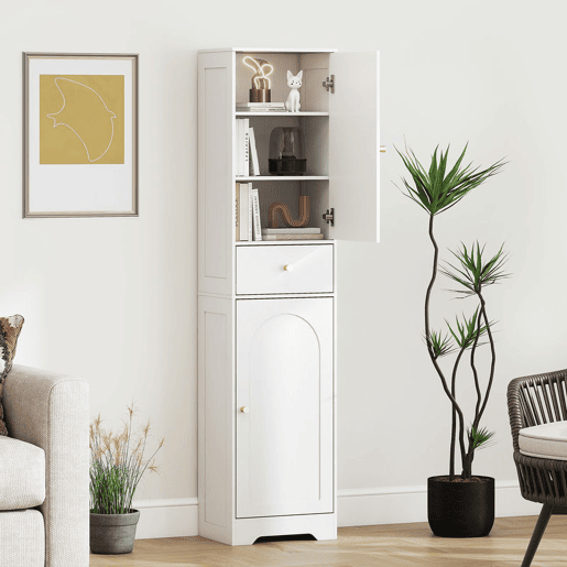HOMCOM Coluna Casa de Banho com 2 Portas Arqueadas Gaveta e Prateleiras Ajustáveis Armário Alto Estreito de Casa de Banho Estilo Moderno para Sala de Estar Lavabo Cozinha 40x29,5x170 cm Branco com Veios