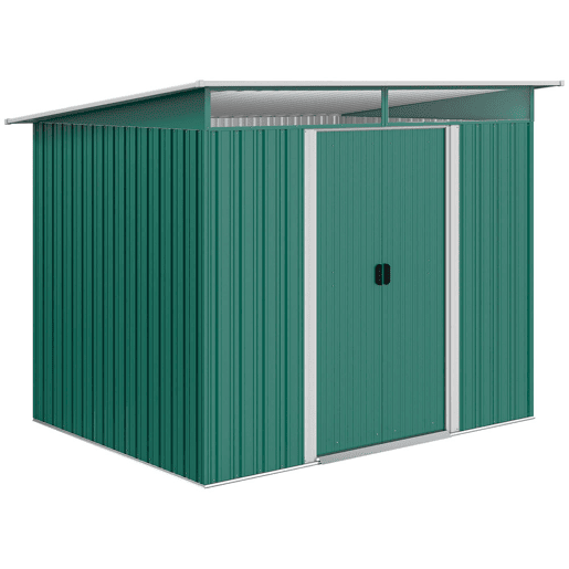 Outsunny Abrigo de Jardim 4,5 m² 260x194x200 cm Abrigo Exterior Metálico com Painéis Frontais Transparentes e 2 Portas Deslizantes para Armazenamento de Ferramentas Verde