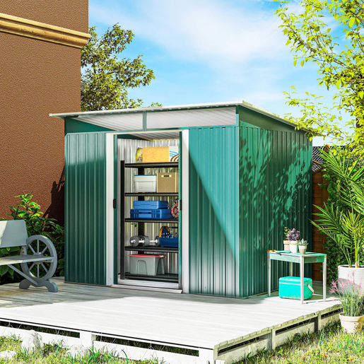 Outsunny Abrigo de Jardim 4,5 m² 260x194x200 cm Abrigo Exterior Metálico com Painéis Frontais Transparentes e 2 Portas Deslizantes para Armazenamento de Ferramentas Verde