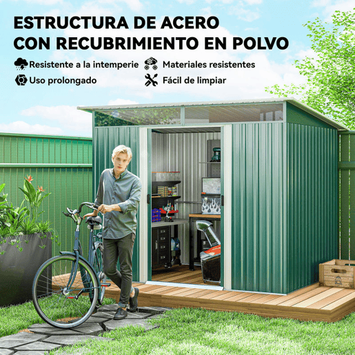 Outsunny Abrigo de Jardim 4,5 m² 260x194x200 cm Abrigo Exterior Metálico com Painéis Frontais Transparentes e 2 Portas Deslizantes para Armazenamento de Ferramentas Verde