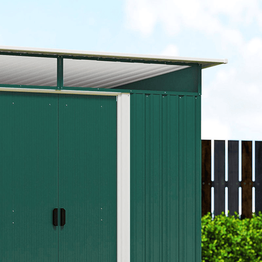 Outsunny Abrigo de Jardim 4,5 m² 260x194x200 cm Abrigo Exterior Metálico com Painéis Frontais Transparentes e 2 Portas Deslizantes para Armazenamento de Ferramentas Verde