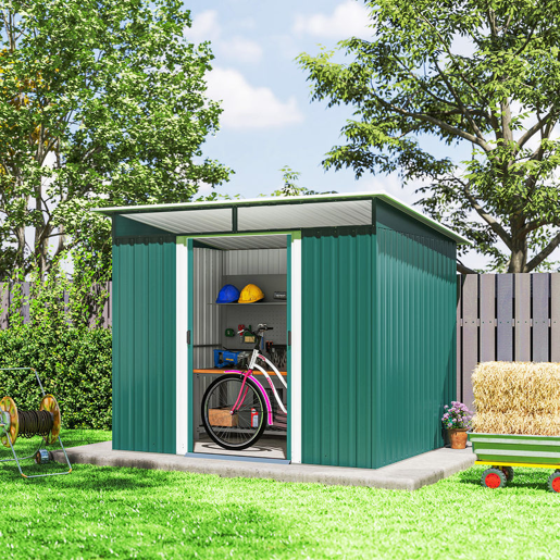 Outsunny Abrigo de Jardim 4,5 m² 260x194x200 cm Abrigo Exterior Metálico com Painéis Frontais Transparentes e 2 Portas Deslizantes para Armazenamento de Ferramentas Verde
