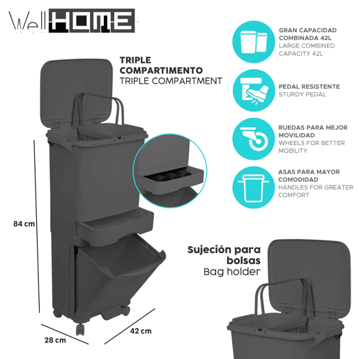 Lixeira de reciclagem com triagem seletiva e pedal