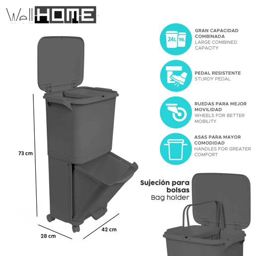 Lixeira de reciclagem com triagem seletiva e pedal