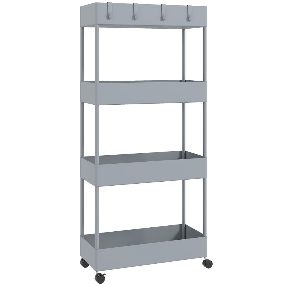 Homcom carro de cocina de almacenamiento delgado de 4 niveles carrito auxiliar con ruedas 4 cestas y 4 ganchos extraíbles carrito de cocina para comedor baño salón 40x19x90 cm gris