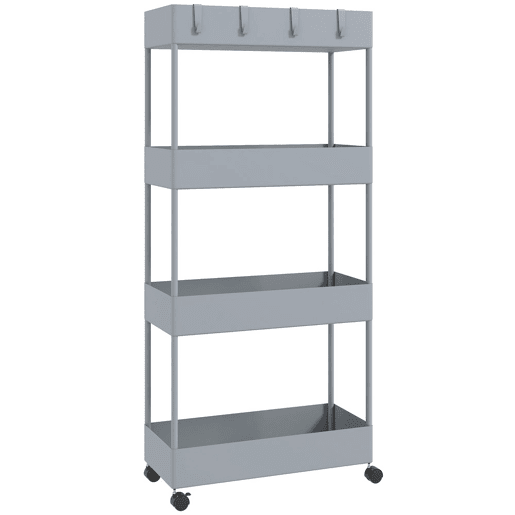 HOMCOM Carrinho de Cozinha Estreito de 4 Níveis com Rodas, 4 Cestos e 4 Ganchos Removíveis, Ideal para Cozinha, Sala de Jantar, Casa de Banho ou Sala, 40x19x90 cm, Cinzento
