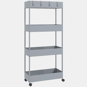 HOMCOM Carrinho de Cozinha Estreito de 4 Níveis com Rodas, 4 Cestos e 4 Ganchos Removíveis, Ideal para Cozinha, Sala de Jantar, Casa de Banho ou Sala, 40x19x90 cm, Cinzento
