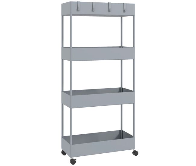 Homcom carro de cocina de almacenamiento delgado de 4 niveles carrito auxiliar con ruedas 4 cestas y 4 ganchos extraíbles carrito de cocina para comedor baño salón 40x19x90 cm gris
