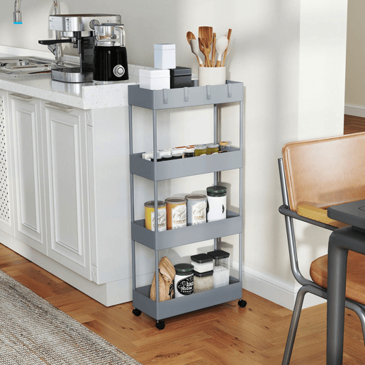 HOMCOM Carrinho de Cozinha Estreito de 4 Níveis com Rodas, 4 Cestos e 4 Ganchos Removíveis, Ideal para Cozinha, Sala de Jantar, Casa de Banho ou Sala, 40x19x90 cm, Cinzento