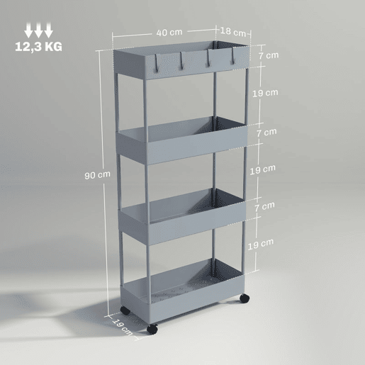 HOMCOM Carrinho de Cozinha Estreito de 4 Níveis com Rodas, 4 Cestos e 4 Ganchos Removíveis, Ideal para Cozinha, Sala de Jantar, Casa de Banho ou Sala, 40x19x90 cm, Cinzento