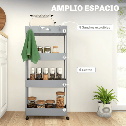HOMCOM Carrinho de Cozinha Estreito de 4 Níveis com Rodas, 4 Cestos e 4 Ganchos Removíveis, Ideal para Cozinha, Sala de Jantar, Casa de Banho ou Sala, 40x19x90 cm, Cinzento