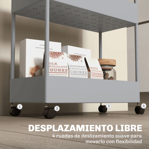 HOMCOM Carrinho de Cozinha Estreito de 4 Níveis com Rodas, 4 Cestos e 4 Ganchos Removíveis, Ideal para Cozinha, Sala de Jantar, Casa de Banho ou Sala, 40x19x90 cm, Cinzento