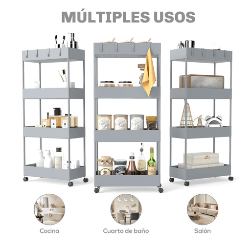 HOMCOM Carrinho de Cozinha Estreito de 4 Níveis com Rodas, 4 Cestos e 4 Ganchos Removíveis, Ideal para Cozinha, Sala de Jantar, Casa de Banho ou Sala, 40x19x90 cm, Cinzento