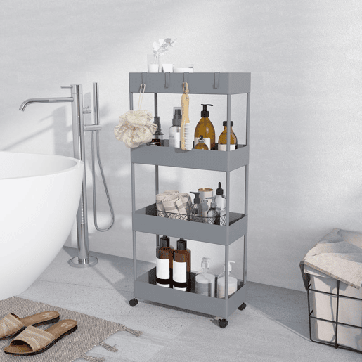 HOMCOM Carrinho de Cozinha Estreito de 4 Níveis com Rodas, 4 Cestos e 4 Ganchos Removíveis, Ideal para Cozinha, Sala de Jantar, Casa de Banho ou Sala, 40x19x90 cm, Cinzento