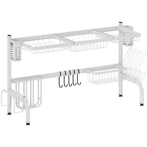 HOMCOM Escorredor de Louça de Aço Escorredor de Pratos de 2 Níveis com Prateleira para Pratos Suporte para Facas e Talheres 100x30x54,5 cm Branco