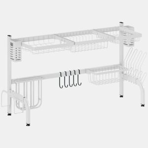HOMCOM Escorredor de Louça de Aço Escorredor de Pratos de 2 Níveis com Prateleira para Pratos Suporte para Facas e Talheres 100x30x54,5 cm Branco