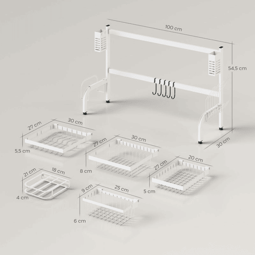 HOMCOM Escorredor de Louça de Aço Escorredor de Pratos de 2 Níveis com Prateleira para Pratos Suporte para Facas e Talheres 100x30x54,5 cm Branco