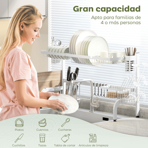 HOMCOM Escorredor de Louça de Aço Escorredor de Pratos de 2 Níveis com Prateleira para Pratos Suporte para Facas e Talheres 100x30x54,5 cm Branco