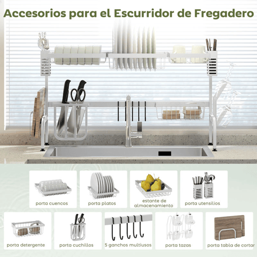 HOMCOM Escorredor de Louça de Aço Escorredor de Pratos de 2 Níveis com Prateleira para Pratos Suporte para Facas e Talheres 100x30x54,5 cm Branco
