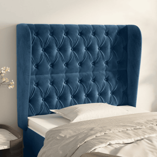 vidaXL Cabeceira cama c abas veludo 93x23x118128 cm azul-escuro
