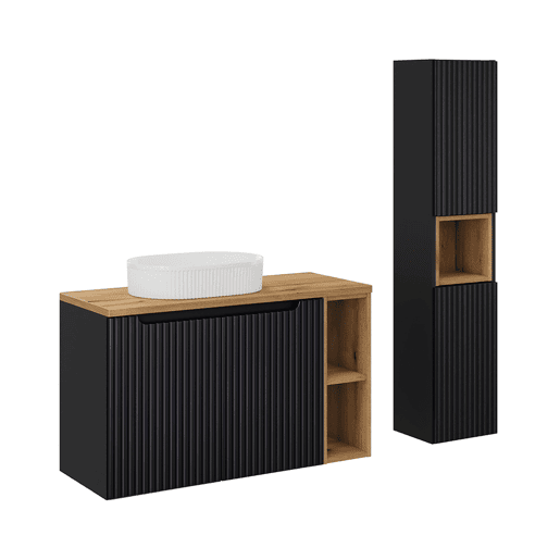 Móvel de lavatório simples Riva Preto e Madeira 100cm 2 portas 2 nichos e pedestal