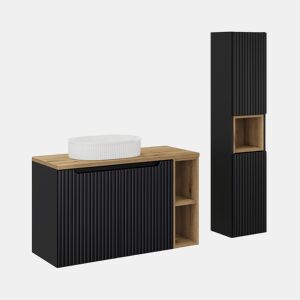 Móvel de lavatório simples Riva Preto e Madeira 100cm 2 portas 2 nichos e pedestal