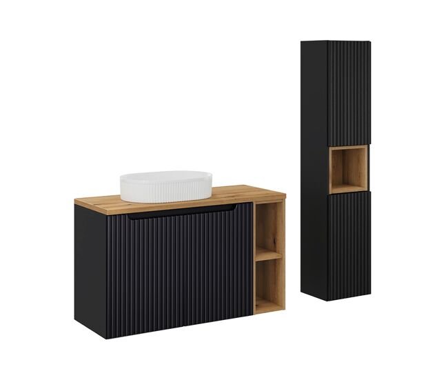 Conjunto mueble lavabo individual 100cm 2 puertas 2 compartimientos y columna riva negro y madera