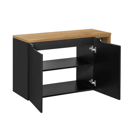 Móvel de lavatório simples Riva Preto e Madeira 100cm 2 portas 2 nichos e pedestal