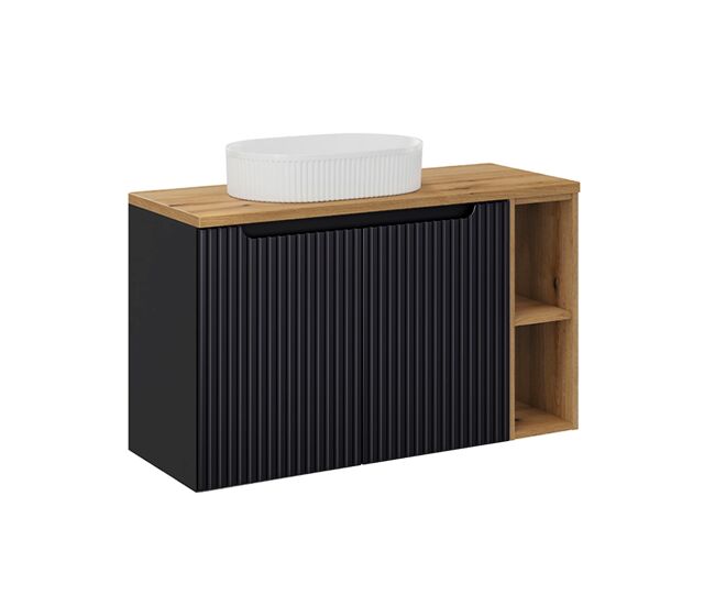 Mueble lavabo individual 100cm 2 puertas 2 compartimientos riva negro y madera
