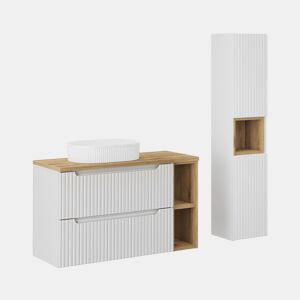 Conjunto móvel lavatório simples 100cm 2 gavetas 2 nichos e coluna Riva branco e madeira